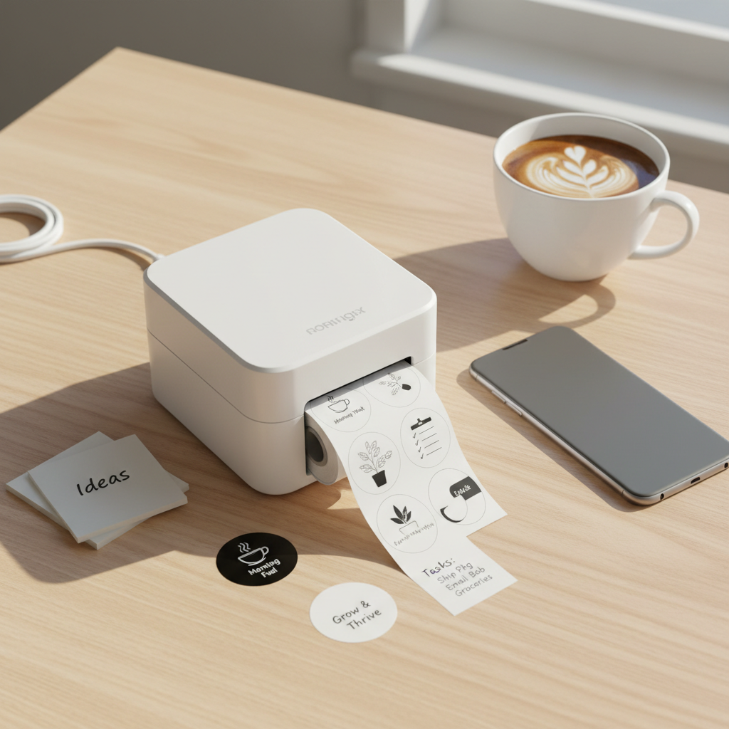 Top-down view of printer on desk workspace
